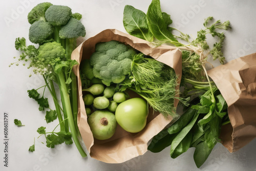 Fresh green vegetavbles in craft paper bag isolated on white background. Flat lay. Food delivery. Generated ai
