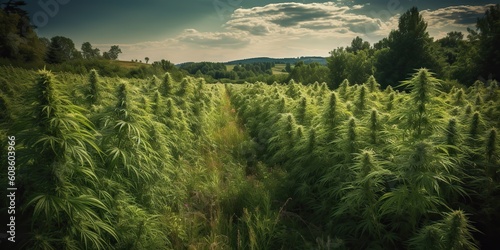 AI Generated. AI Generative. Medical weed pant cannabis marijuana field outddor farm nature wild. Graphic Art © AkimD