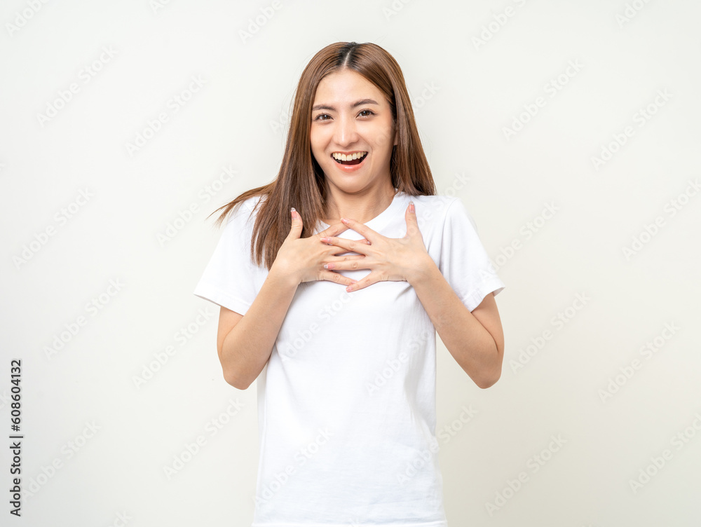 Beautiful young asian woman age around 25 smiling. Charming female standing on isolated background. People pose Excited shocked face asian woman shout out loud wow Joyful winning victory challenge Beautiful young asian woman age around 25 smiling. Charming female standing on isolated background. People pose Excited shocked face asian woman shout out loud wow Joyful winning victory challenge