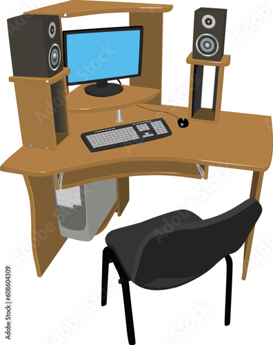 A place for work and leisure. Wooden table with shelves for DVD discs on which there is a computer and speakers on a white background. (made in Abode Illustrator 8  eps)
