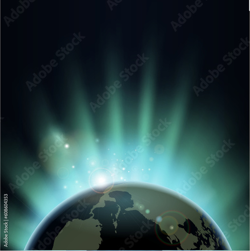 Sun light bursting over the earth at sunrise or sunset. Background with copy space  America in foreground.