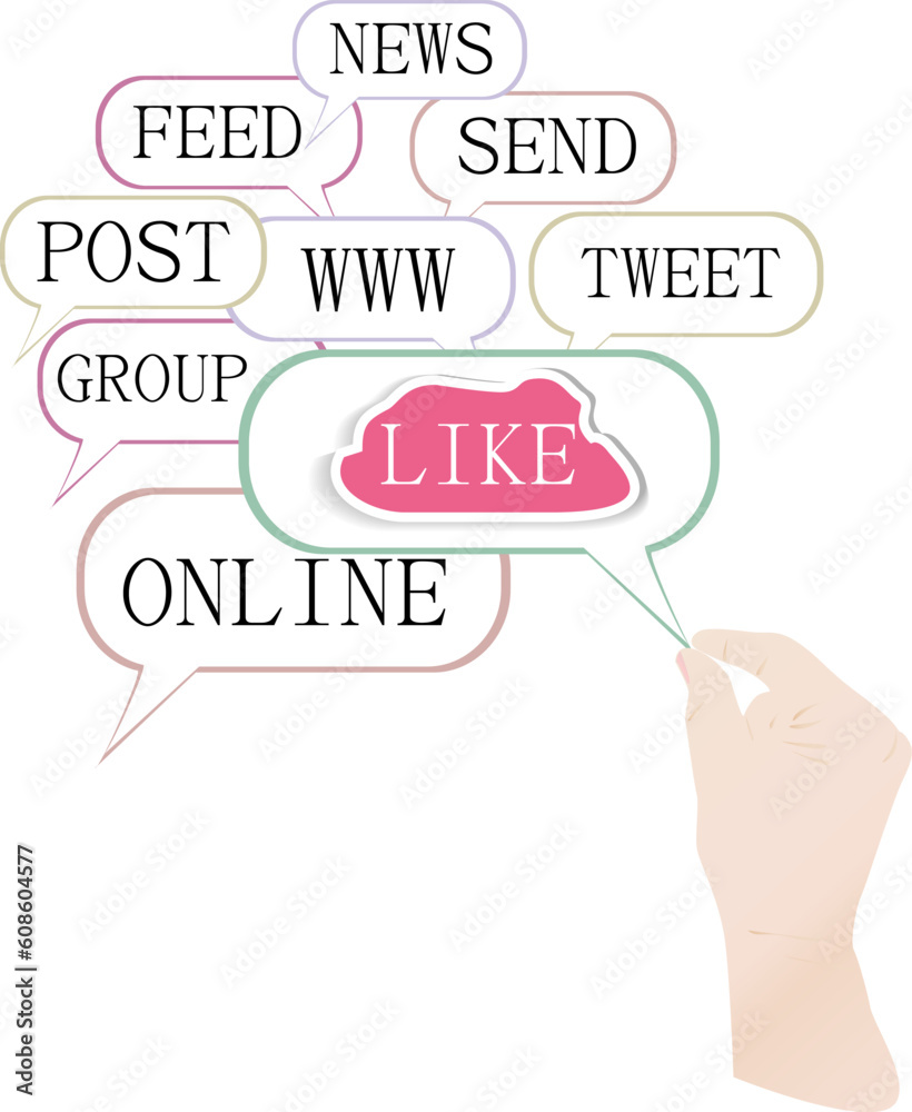 hand with like text on computer cloud isolated on white hand with like text on computer cloud isolated on white