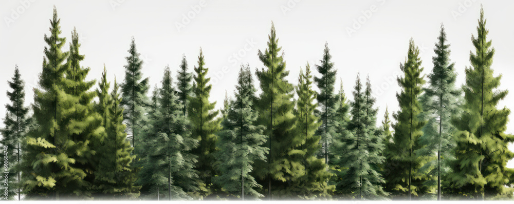 A peaceful winter landscape with a row of trees covered in snow, standing tall against a white background. AI Generative. A peaceful winter landscape with a row of trees covered in snow, standing tall against a white background. AI Generative.