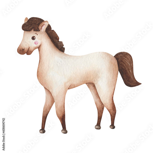 Watercolor illustration. Hand painted brown and beige little  baby horse  pony. Foul  mare  stallion with brown tale  hooves  mane. Purebred horse. Cartoon animal horse. Isolated clip art for banners
