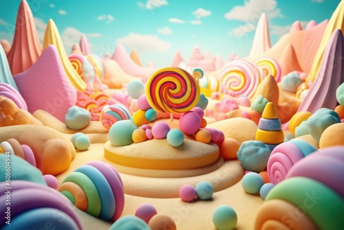 Colorful pastel candy landscape as fantasy background. Generative AI