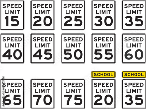 Highway Speed Limit Signs from the United States, ranging from 15 MPH to 75 MPH, including school crossing designations