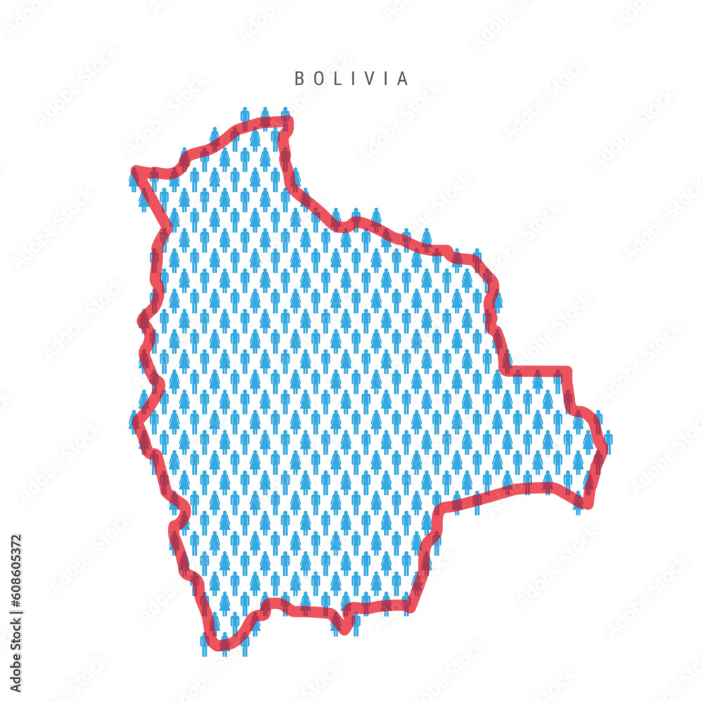 Bolivia population map. Stick figures Bolivian people map with bold red translucent country border. Pattern of men and women icons. Isolated vector illustration. Editable stroke.