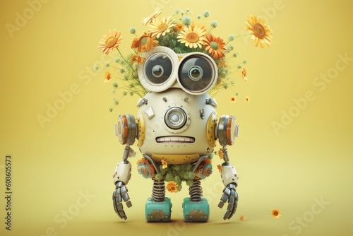 Small cute smiling summer robot with hands, legs, colored with pastel colorful spring flowers. Cute AI toy robot on pink background. Generative AI © jchizhe