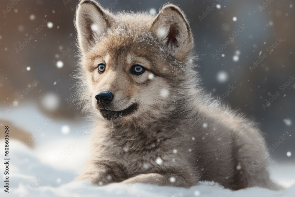 Wolf baby winter snow. Generate Ai