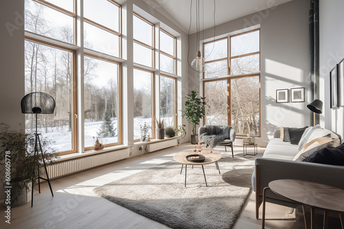 A apartment of a beautiful bright modern Scandinavian style house with large windows opening, generative AI 