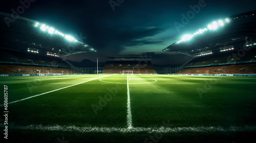 Modern soccer football stadium with floodlights cinematic background. Generative Ai © AspctStyle
