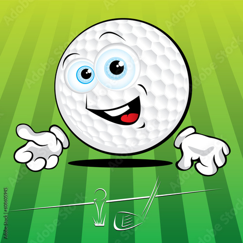 Funny smiling golf ball on the green background