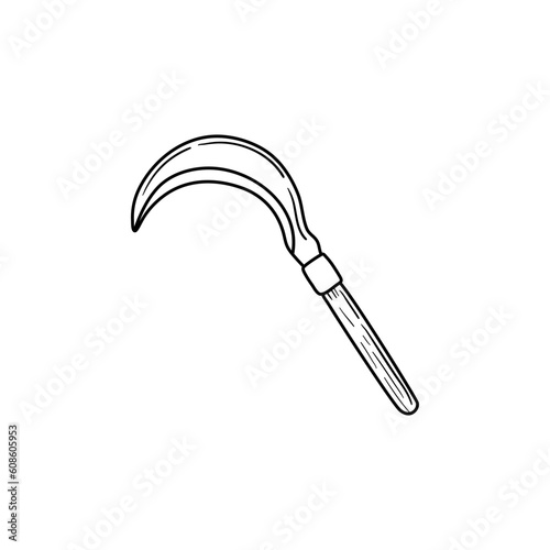 Garden sickle in hand drawn doodle style isolated on white background