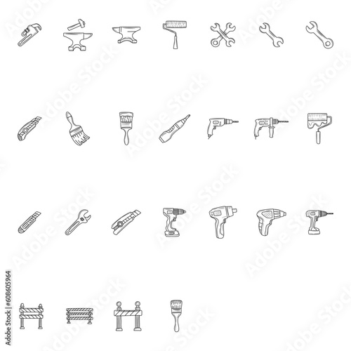 Doodle work tools industrial equipment. hand drawn Vector illustration