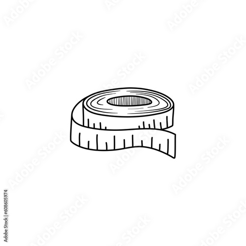 Measuring tape in doodle style. Isolated outline. Hand drawn vector illustration in black ink on white background.