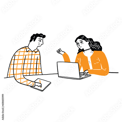 Young man talking or discuss to a young woman with laptop.