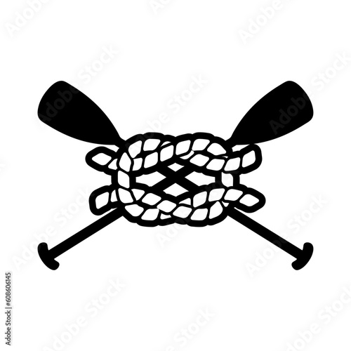 Logo aislado con silueta de remos cruzados de kayak, canoa o paddle surf con nudo marinero de cuerda de barco