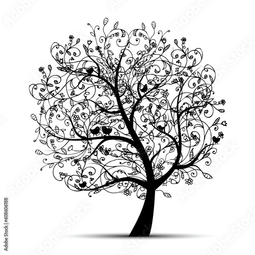 Art tree beautiful, black silhouette for your design