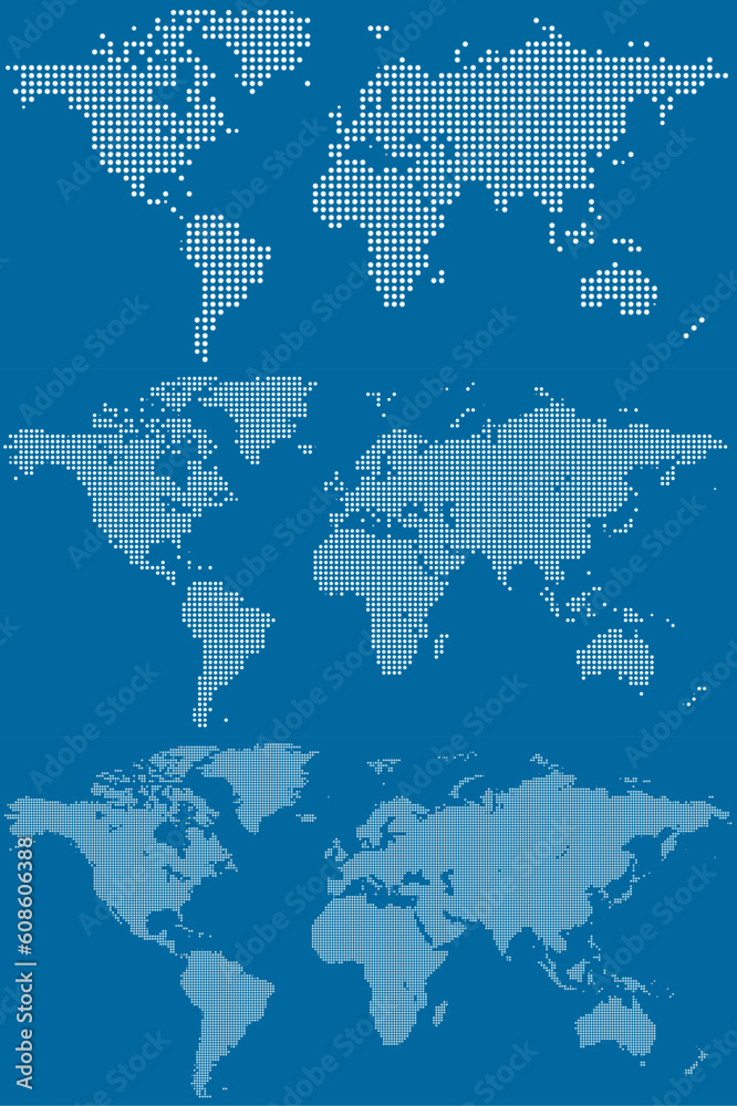 Set of dotted (circular pixel) world maps. Vector illustration