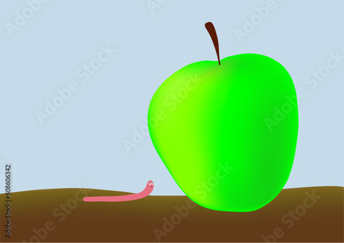 Little worm and big green apple - bite off more than one can chew - take on too much - bite off more than one can chew. This file is vector, can be scaled to any size without loss of quality. photo