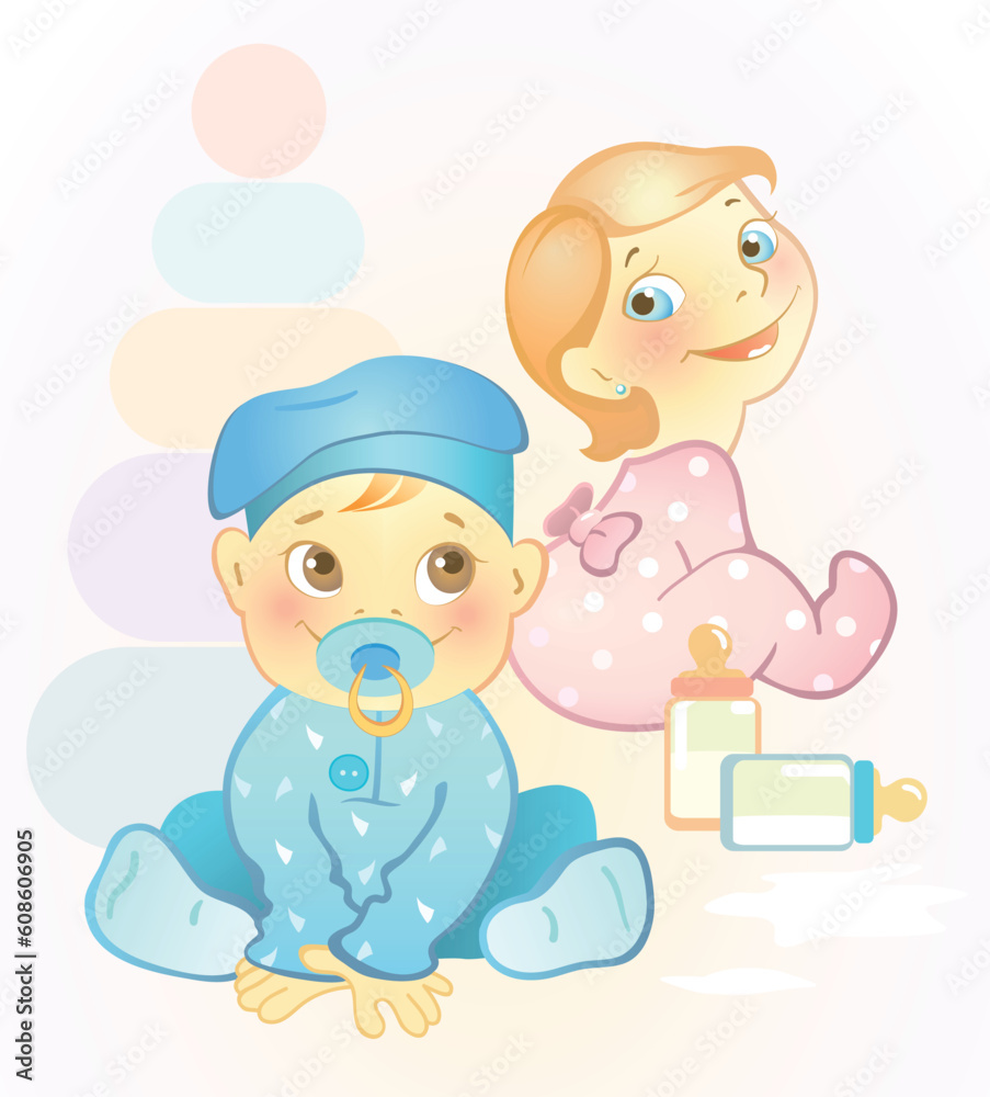 Vector illustration of two babies, girl and boy Vector illustration of two babies, girl and boy