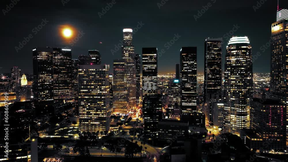 Aerial view of a Downtown Los Angeles. Aerial California Los Angeles Aerial video of downtown Los Angeles at night. Downtown Los Angeles. Aerial panoramic view over the night cityscape. Aerial view of a Downtown Los Angeles. Aerial California Los Angeles Aerial video of downtown Los Angeles at night. Downtown Los Angeles. Aerial panoramic view over the night cityscape.