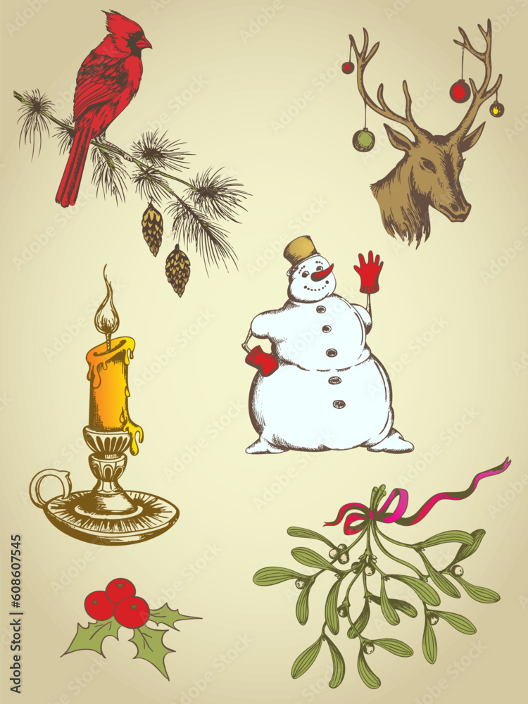 Fototapeta premium set of vintage vector hand drawn Christmas elements