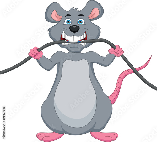 cute mouse biting the power cord cartoon