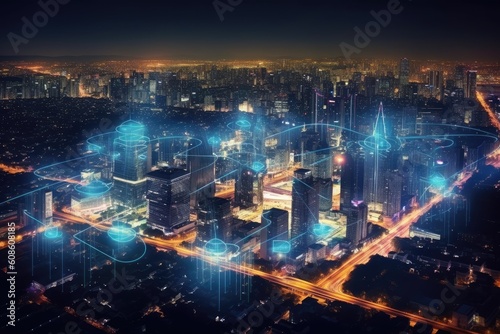 Smart city and abstract dot point connect with gradient line, aesthetic Intricate wave line design, big data connection technology concept. Generative AI