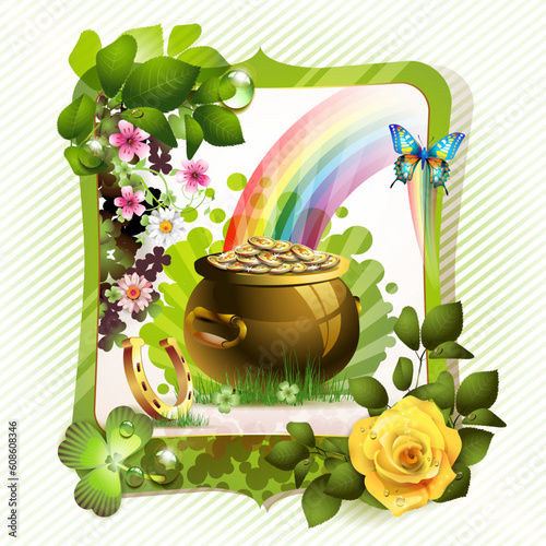 St. Patrick's Day card design with clover and coins