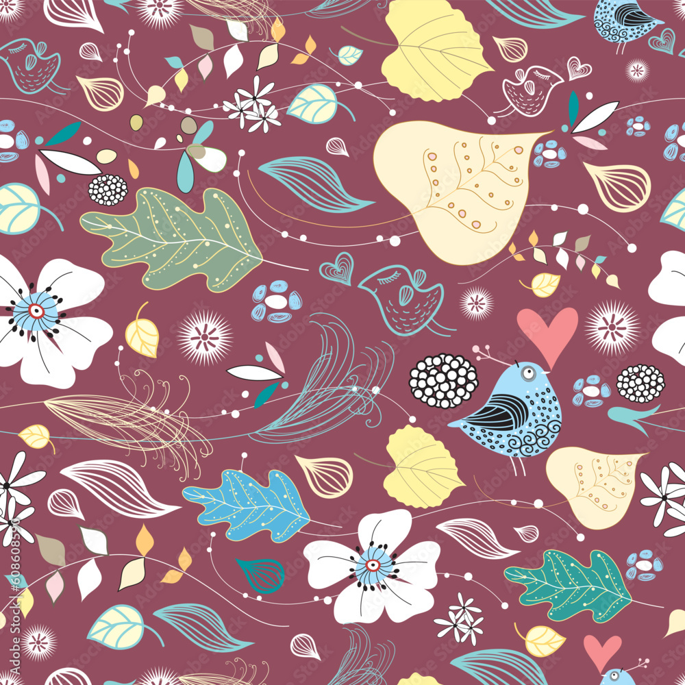 seamless pattern of leaves and birds on the burgundy background seamless pattern of leaves and birds on the burgundy background