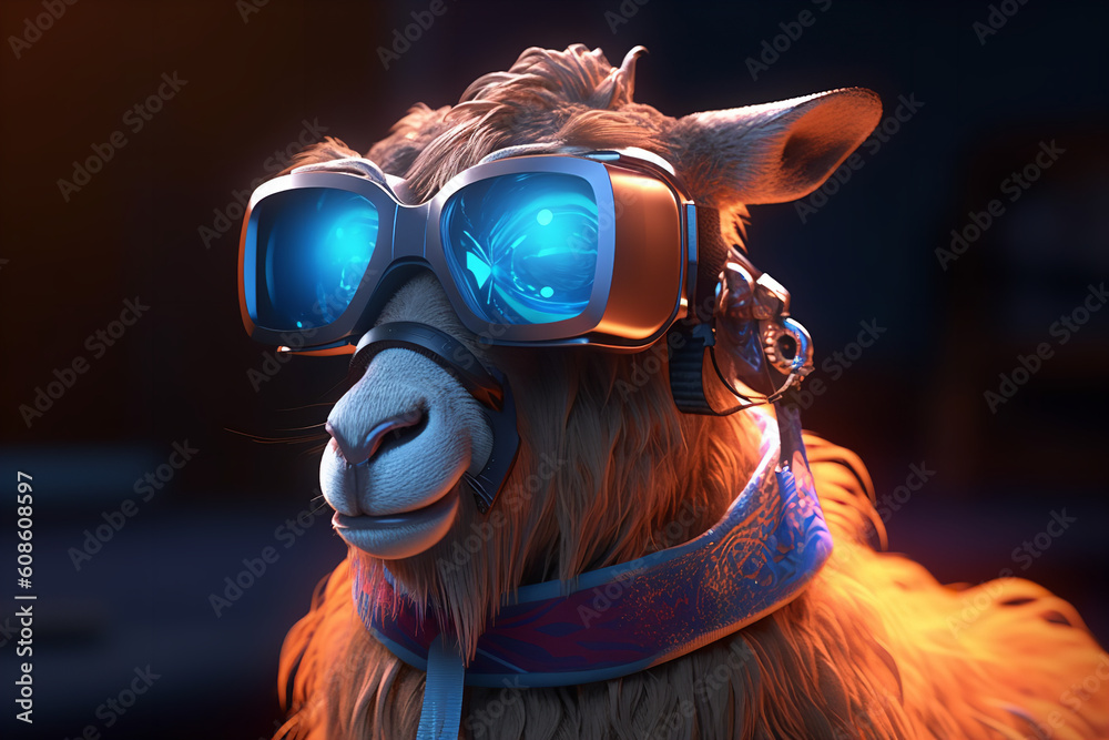 Virtual Markhor, 3D Character NFT Collection with VR Glasses in Backlit Diffuse Liquid, Exploring the Metaverse