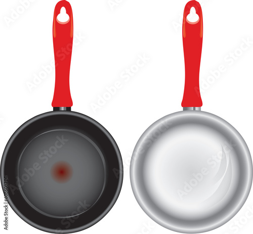 Steel and Teflon pans with silicone with a red pen. Vector illustration.