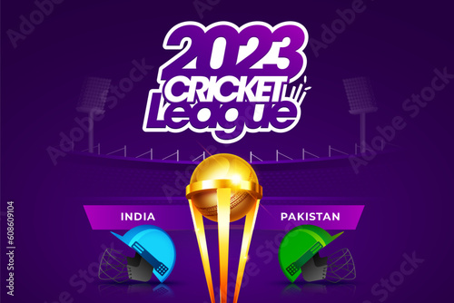 2023 Cricket Championship League India vs Pakistan match header or banner with winning trophy on stadium background.