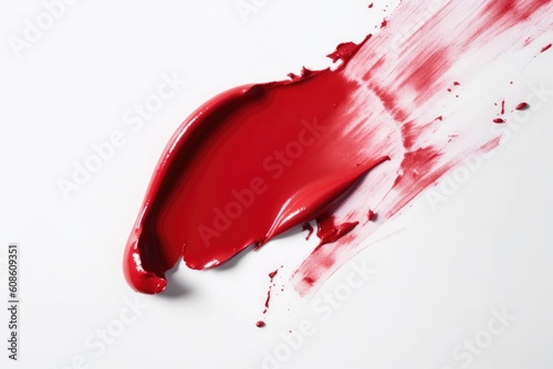Red lipstick smear, smudge texture on white background. Cream makeup texture. Bright red cosmetic product brush stroke sample. Generative AI