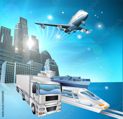 Illustration of transport vehicles and city with blue background. Logistics or delivery concept
