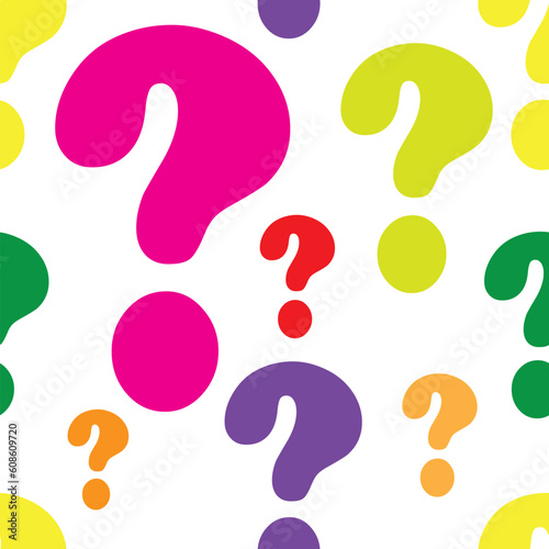 A seamless pattern comprised of questions marks, in a variety of light colors.