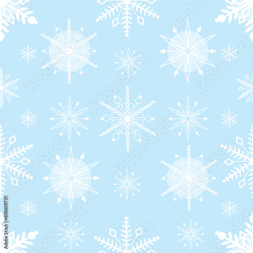 A seamless pattern comprised of stylized  white snowflakes  over a pale blue background.