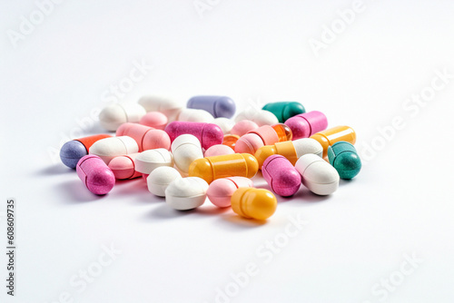 medicinal pills of different colors on a white background
