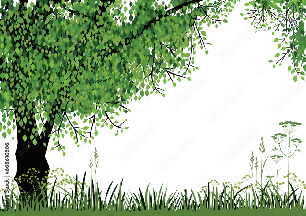Obraz premium Green tree and meadow on white background with space for your text. Full scalable vector graphic included Eps v8 and 300 dpi JPG