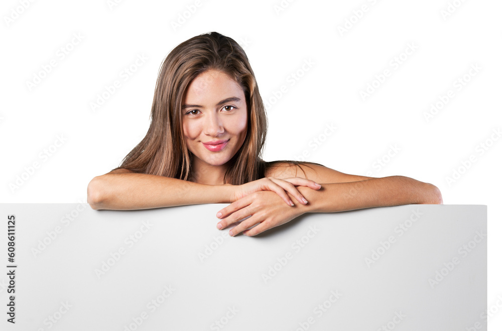 Woman Pointing On Billboard Over White Background Woman Pointing On Billboard Over White Background