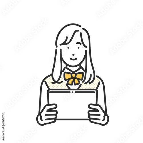 タブレット端末で勉強する女子学生のイメージイラスト素材