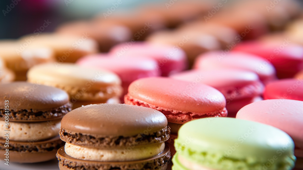 Soft Focus French Macarons in Colorful Array, generative ai Soft Focus French Macarons in Colorful Array, generative ai