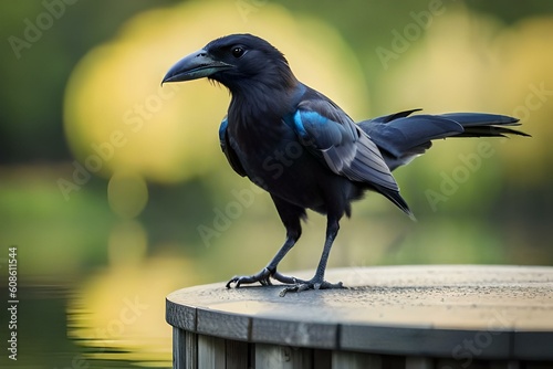 A clever and determined crow standing near a water pitcher, using its beak to tilt the pitcher and drink water, just like in the beloved children's story 'Thirsty Crow photo