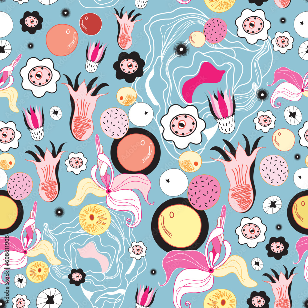 Seamless floral pattern with fruit on a blue background Seamless floral pattern with fruit on a blue background
