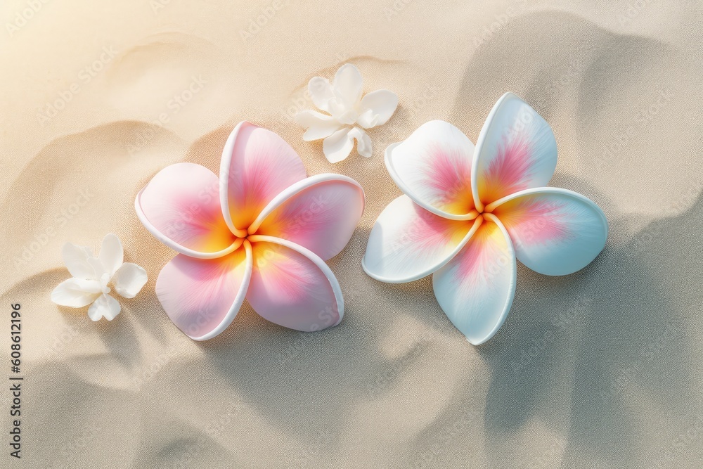 Frangipani flower falling on sand beach background. Generative AI Frangipani flower falling on sand beach background. Generative AI