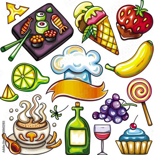 Set of colorful Food icons featuring sushi plate, ice cream, chocolate dipped strawberry, fresh banana,  lemon or lime, grapes, cupcake topped with cherry, cream soup in a beautiful cup, sweet lollipo