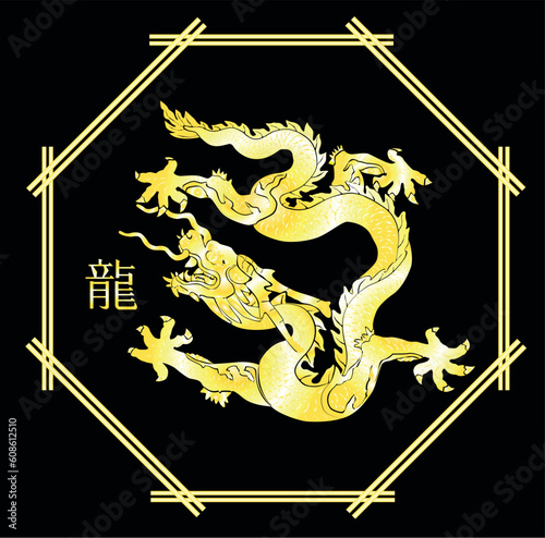 Gold dragon on black. Vector illustration