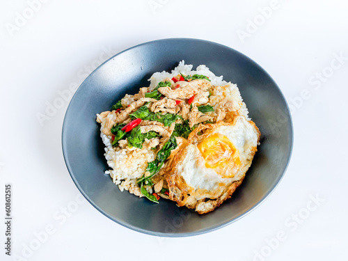 Rice topped with chicken with Thai basil and fried egg