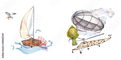 Composition of sailing ship, aerostatand airplane watercolor illustration isolated on white. Sailboat, vessel, coral, fish hand drawn. Childish design, element for guy, boy's room, printed products photo